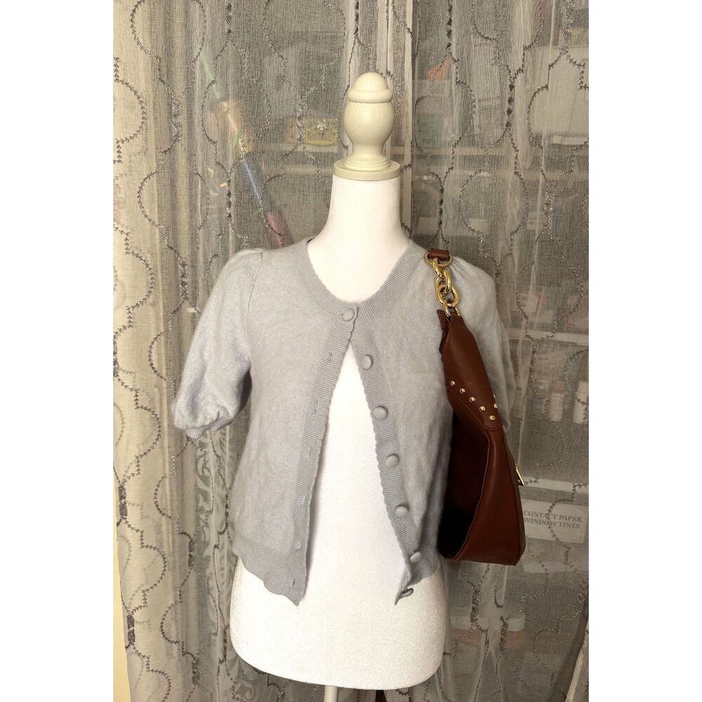 Joie 100% Cashmere Cardigan L Powder Blue Short Puff Sleeve Coquette Sweater